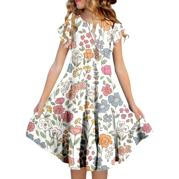 WILLBEST Vestidos Maxi de Mujer Vestidos Florales para Niñas para Verano Playa Piscina Juego Al Aire Libre Cómodo Casual para Niños de 4 A 15 Años 61 160