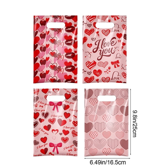Valentine's Day Love Heart Printed Gift Bags with Handles, 50pcs Reusable Plastic Clear Treat Candy Pouch, for Birthday Party Gift Wrapping