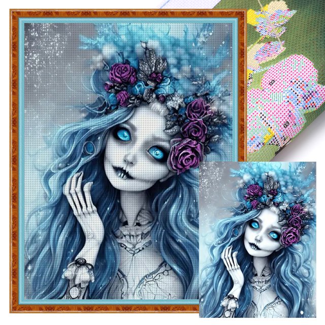 Hilo Algodón Ecológico Bordado 11CT 3 Hebras Impresión 40x55cm Kit Serie Personajes Punto Cruz Con Calavera Pelo Azul
