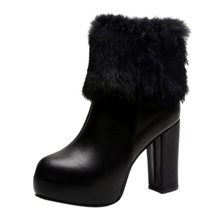 

Jsaierl Womens Chunky High Heel Bow- Zipper Faux Fur Ankle Booties Womens Round Toe Chunky Heel Ankle Boots Zipper Block Heel Ankle Boots Winter Snow Boots Mid- Calf Ankle Bootie
