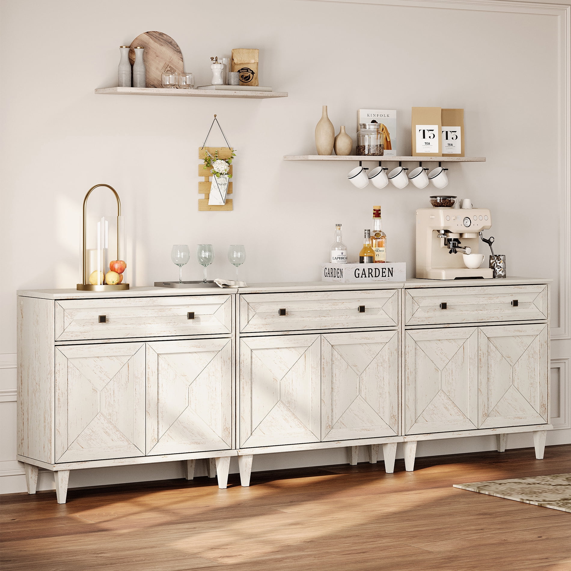 WAMPAT Handmade Patchwork 94.5" TV Stand with Cabinet, Fits up to 100" TV, White