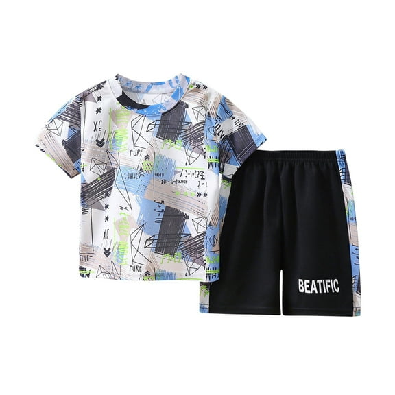 Uxgjfwu Toddler Sports Outfits Casual Short Sleeve Shirts Round Neck Collar Printed Tops Shorts Sets