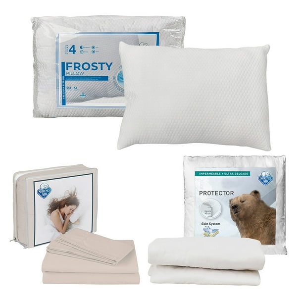 Protector de Colchón Individual + Juego de Sábanas Crema + Almohada Frosty