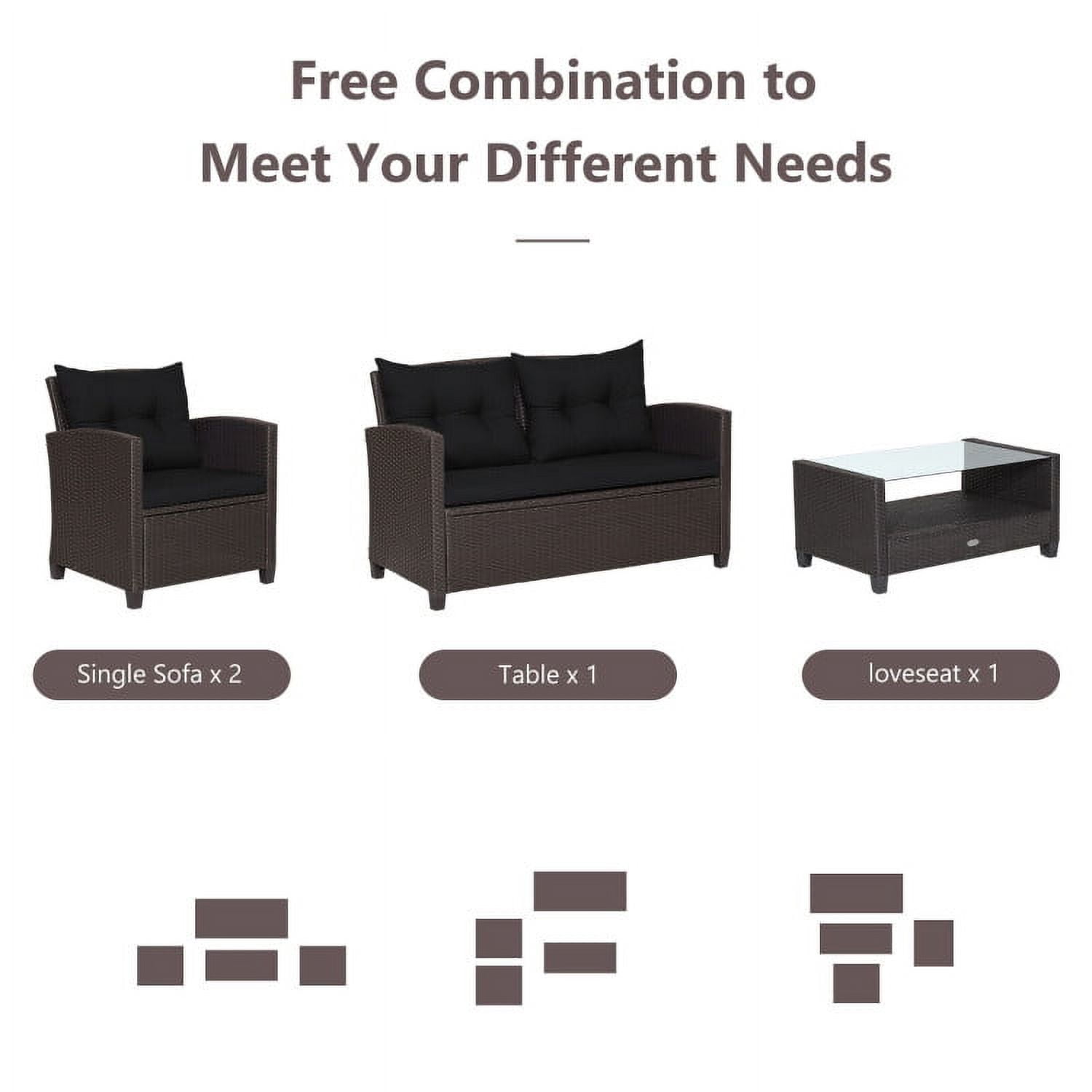 Aimee Lii 4 Pieces Wicker Patio Furniture Set with Tempered Glass Coffee Table, Wicker Outdoor Sectional, Black Aimee Lii 4 Pieces Wicker Patio Furniture Set with Tempered Glass Coffee Table, Wicker Outdoor Sectional, Black