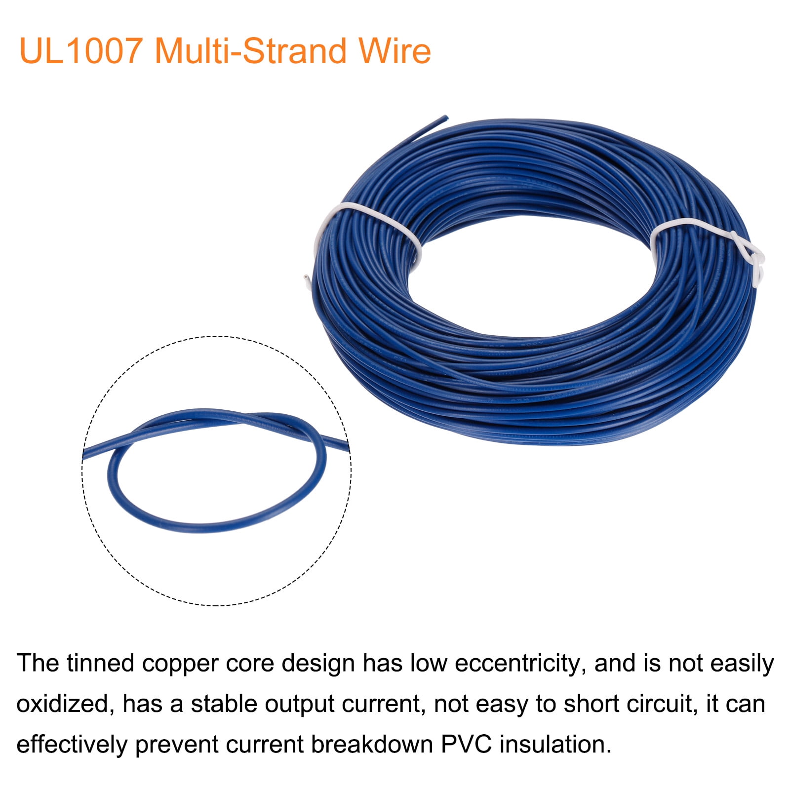 UL1007 24AWG Gauge Stranded Hook-Up Wires, Electrical Wire Tinned Copper Wire 30m/100ft Blue