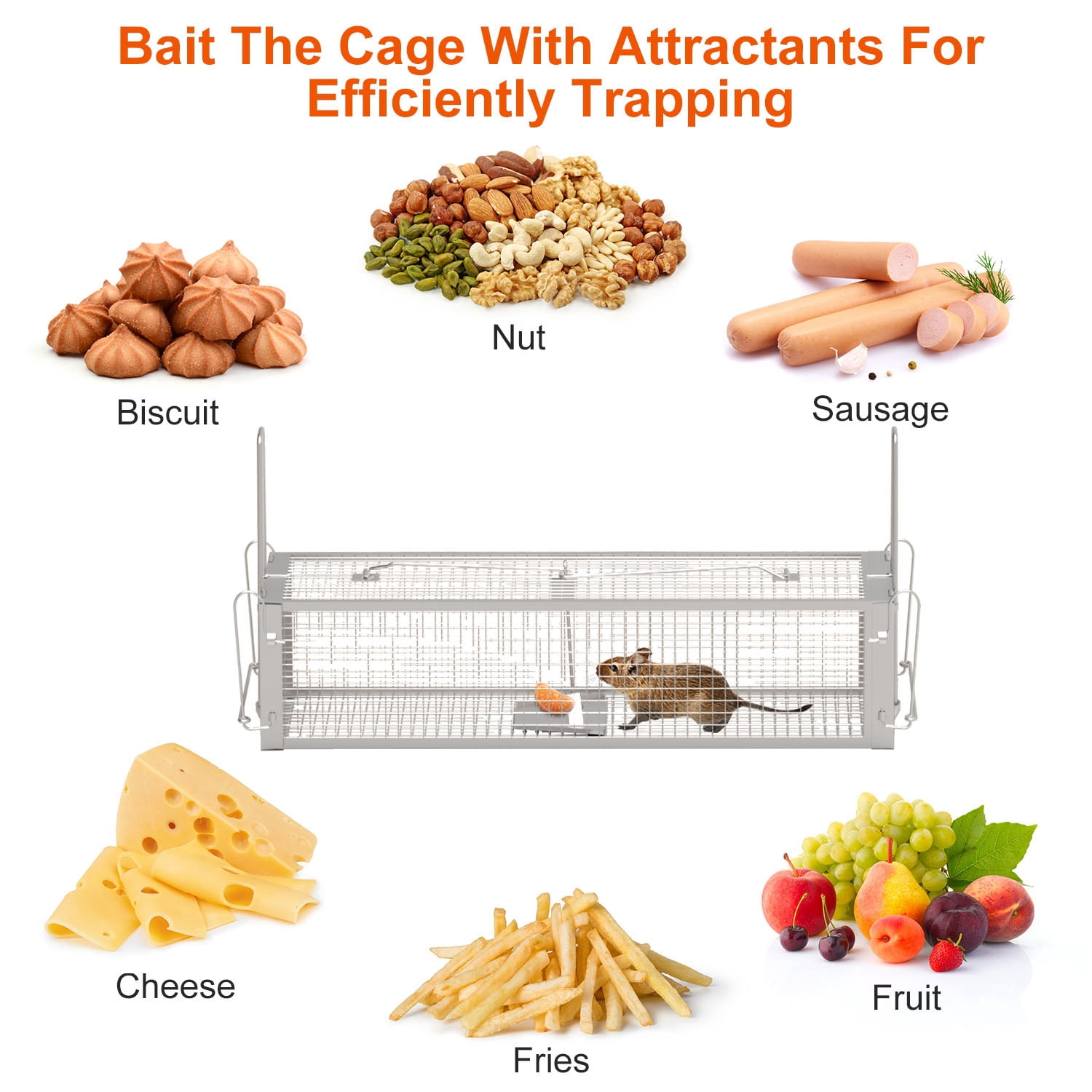 Zorpupoa 1Pc 16.53x6.1x4.33in Electroplating Zinc  Live Humane Rat Trap Dual DoorMouse Rodent Dense Mesh  Cage  with 2 Detachable U Shaped Rod