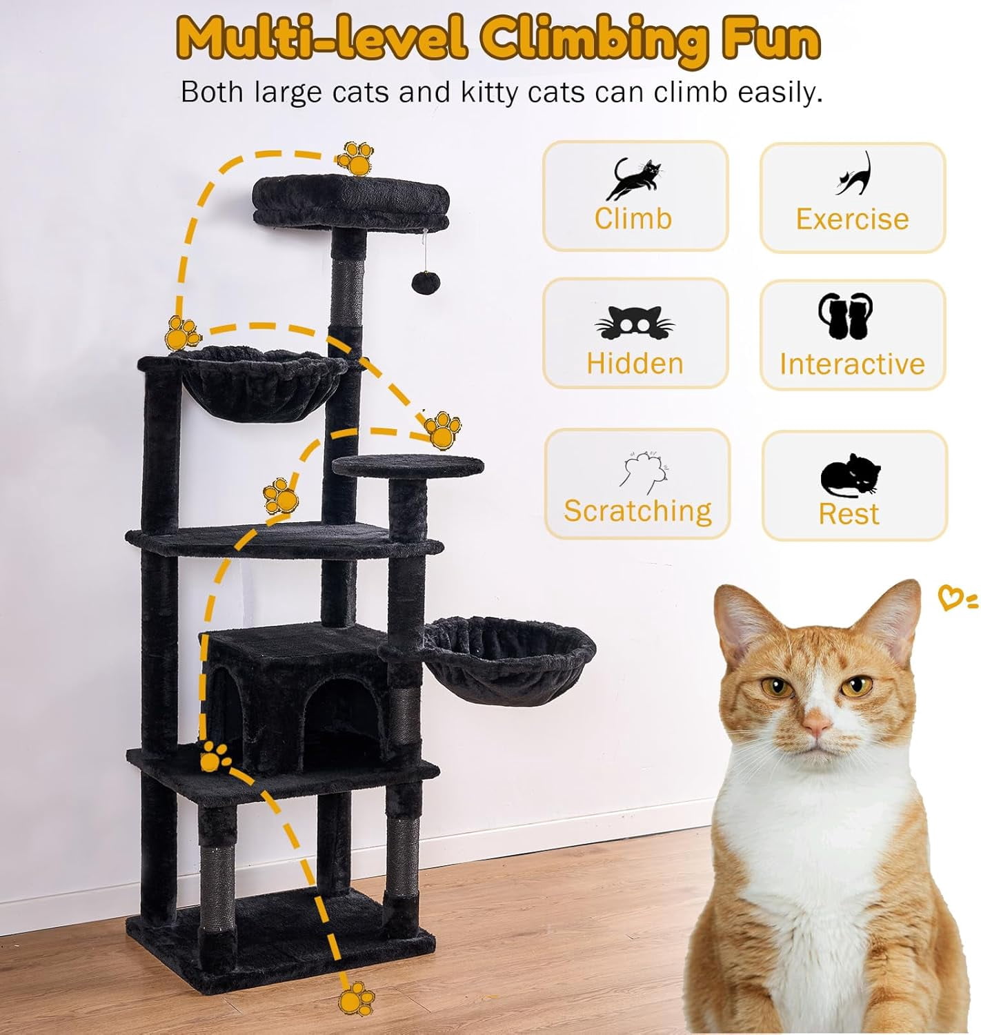 GOXIFACHOY Tall Cat Tree,63in Multi-Level Cat Tower for Indoor Cats Large Adult,Gothic Cat Stand with Scratching Posts,Basket,Condo,Plush Perch,Cats Toys for Climbing,Interactive and Hidden,Black