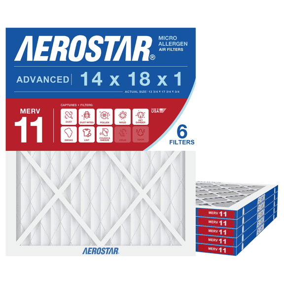 Aerostar 14x18x1 MERV 11 Air Filter, Pleated AC Furnace HVAC, Pet Dander Mold Smoke, 6 Pack