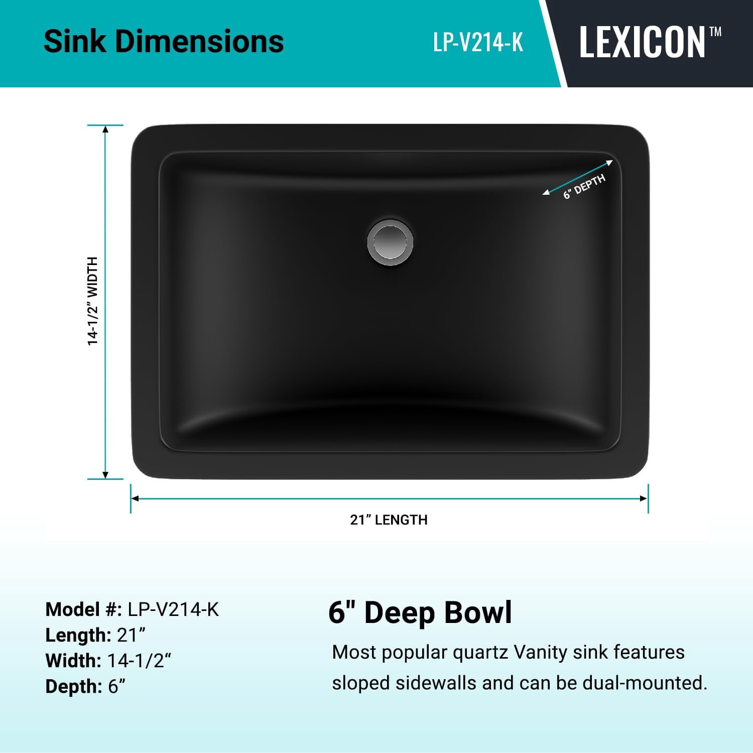 21" Rectangle Quartz Vanity Bathroom Sink, Galaxy Black Drop-In Sink, Undermount Bathroom Sink, Granite Vanity Basin by Lexicon Platinum LP-214-K