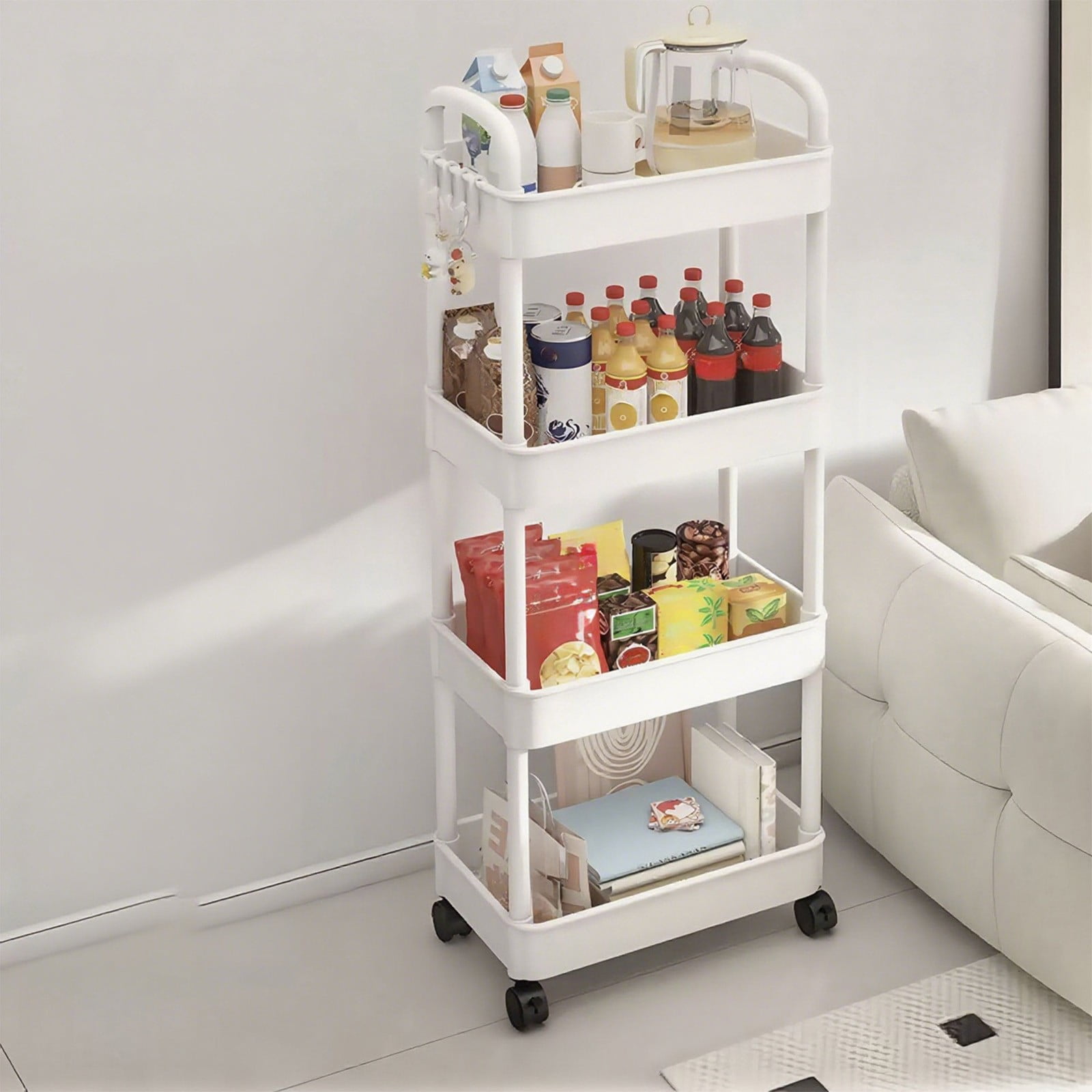 SIYTUAU White 4-Tier Kitchen Storage Cart With Armrests And Wheels For Bathroom Toiletries Organizer 13.8 X 8.7 X 38.2 Inch White Color Plastic Material For Home Use White