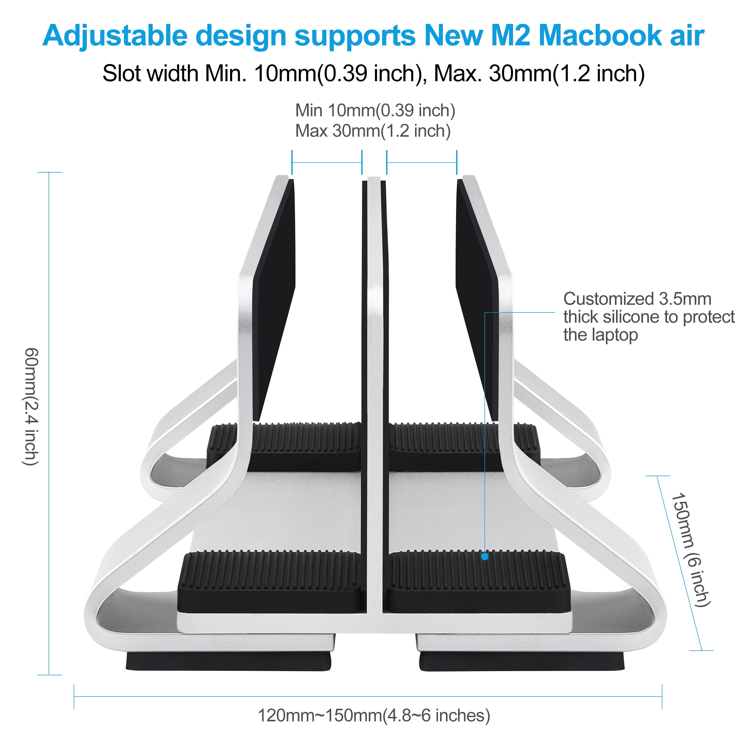 Laptop Stand Vertical Tool-Free Adjustable Aluminum Vertical Laptop Stand Holder Width From 0.47-1.18inch(12~30mm), Fits for All MacBook and Laptop Silver 2 Slots