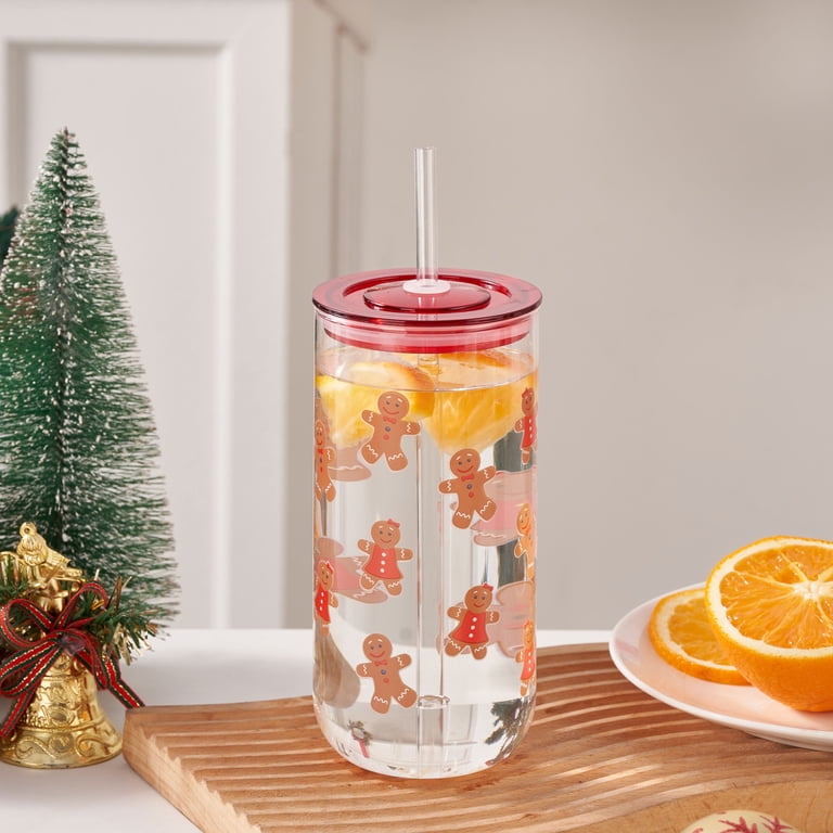 Gingerbread Man Can Sipper Glass with Lid 20 OZ Holiday Time