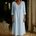 thumbnail image 3 of Ohufall Women Dresses Cotton Linen Button Crew Neck Long Sleeve Dress Pleated Loose Comfort Casual Maxi Dress, 3 of 4