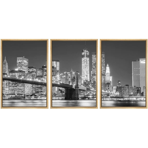 wall26 3 Piece Framed Canvas Print - Contemporary Art, Modern Wall Art - Black and White Manhattan Skyline and Brooklyn Bridge Giclee Artwork Gallery Wrapped Wood Stretcher Bars - 24"x36"x3