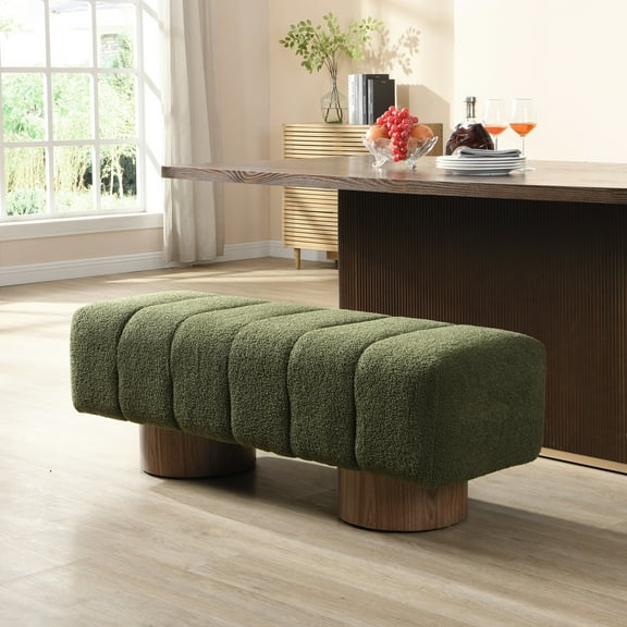 Christopher Knight Home 50" Ottoman Bench with Boucle Upholstery and Wood Legs, Green Fabric