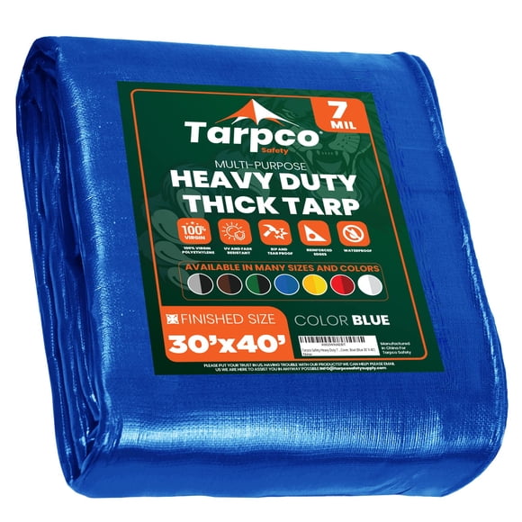 Tarpco Safety Heavy Duty 7 Mil Tarp Cover Waterproof UV Resistant Rip and Tear Proof Poly Tarpaulin with Reinforced Edges for Roof Camping Patio Pool Cover Boat (Blue 30' X 40')