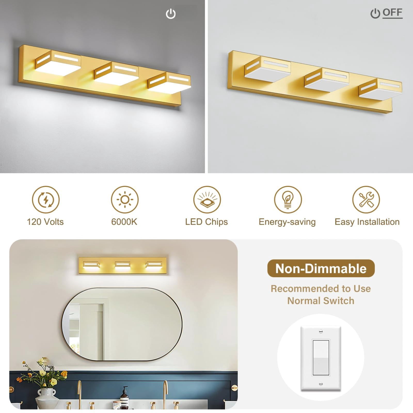 Led Modern Bathroom Light Fixtures  3-light 24-inch Gold Vanity Lights For Lighting Over Mirror 6000k Cool White 350° Rotatable Wall Lamp