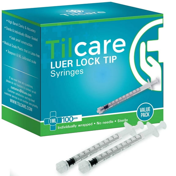 1ml Syringe Without Needle Luer Lock 100 Pack by Tilcare - Sterile Plastic Medicine Droppers for Children, Pets or Adults Latex-Free Oral Medication Dispenser - Syringes for Glue and Epoxy