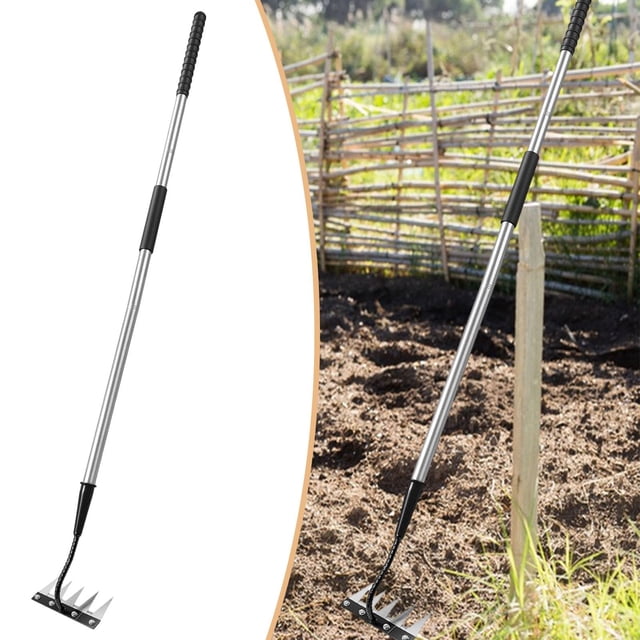 Rastrillo de jardín para aflojar tierra, herramienta ergonómica de acero al manganeso reforzado, extractor de malezas con mango largo desmontable 5 dientes