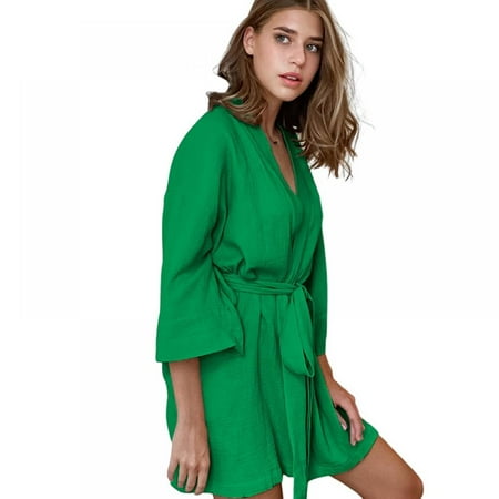 

Women Pajamas Casual Nightdress Mid-Sleeve Crepe Short Nightgown Solid Color Cardigan Home Wear Fall Winter Lady Loungewear