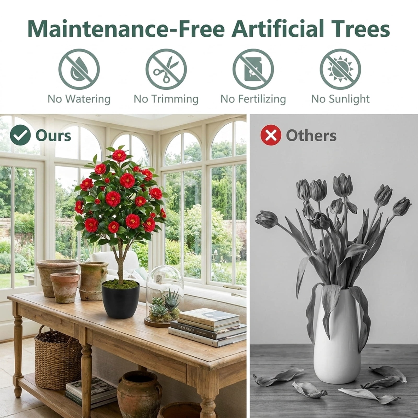 Vebreda Artificial Plant Decor, 2-Pack Artificial Camellia Tree Faux Flower Plant in Cement-Filled Pot, Lifelike & Elegant Design