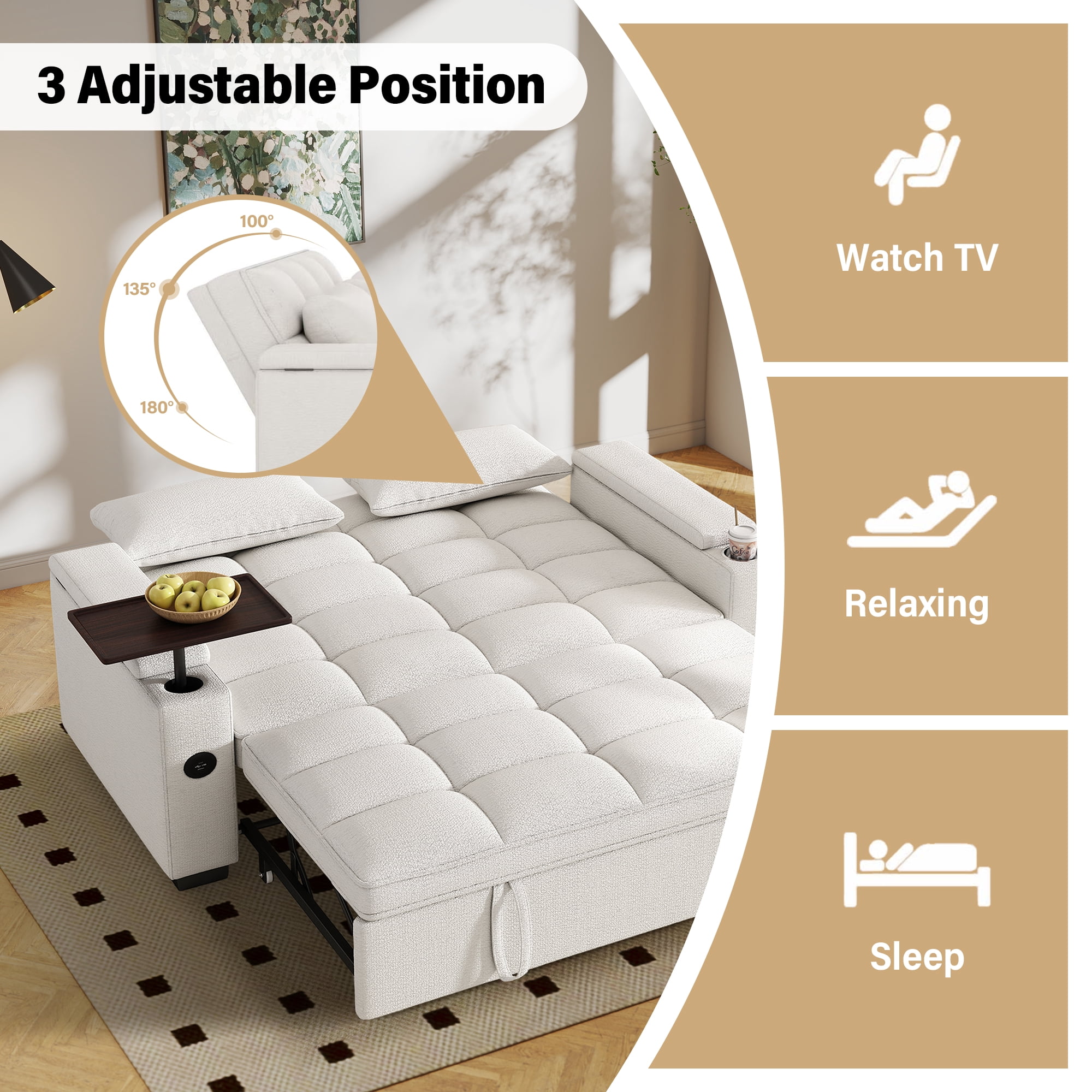Aukfa 65"W Convertible 3-in-1 Sofa Bed with Storage, Queen Chenille Sleeper Couch with USB/Type-C Ports & Rotating Side Table,Beige