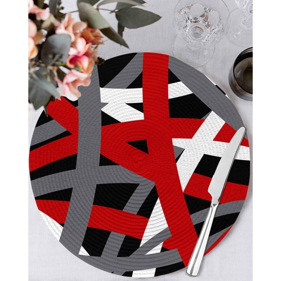 13 Inch Round Placemats Set of 6, Red Black Geometric Non Slip Heat Insulation PP Table Mats, Modern Art Abstract Grey Line Washable Place Mats for Kitchen Dining Party Table Decor