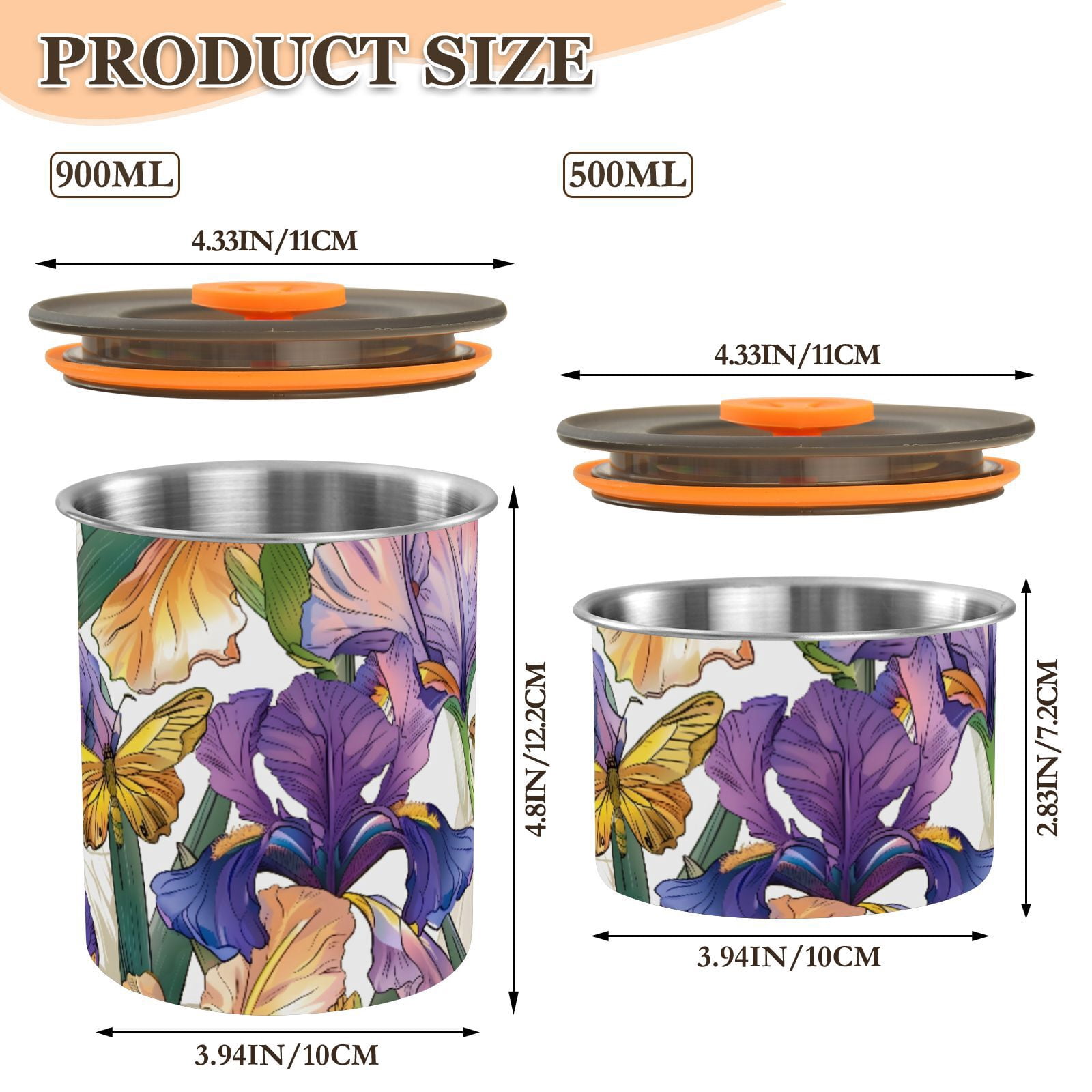 Iris Flower Floral Butterfly Airtight Coffee Bean Canister 30oz Food Storage Containers with Lids For Gournd, Tea, Sugar, Flour, Rice, Cereal, Candy Cookie Jar