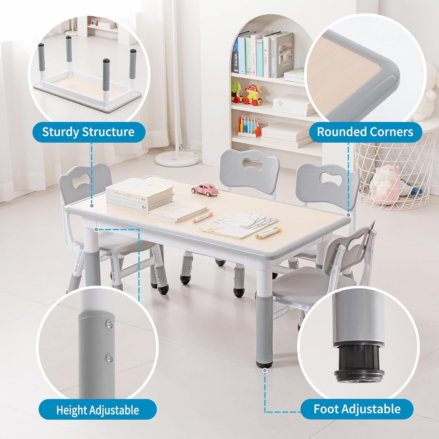 HWong Kids Table and Chairs Set, Height Adjustable Multi-Activity Preschool Table with Graffiti Desktop for Ages 2-8 - Versatile Kids Tables for Play, Learning, and Creativity(Maple Top/Gray Border)