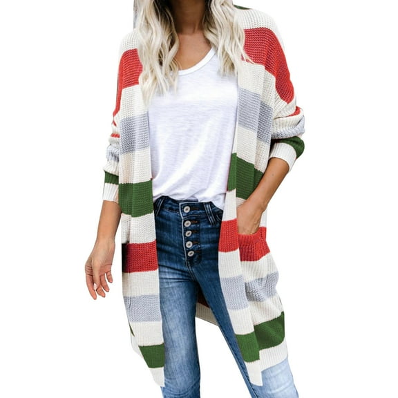 DHFJKG Cardigan Sweaters For Women Knitted Stripe Color Block Mediun Length Long Sleeve Loose Fit Open Front With Pockets Soft Outerwear