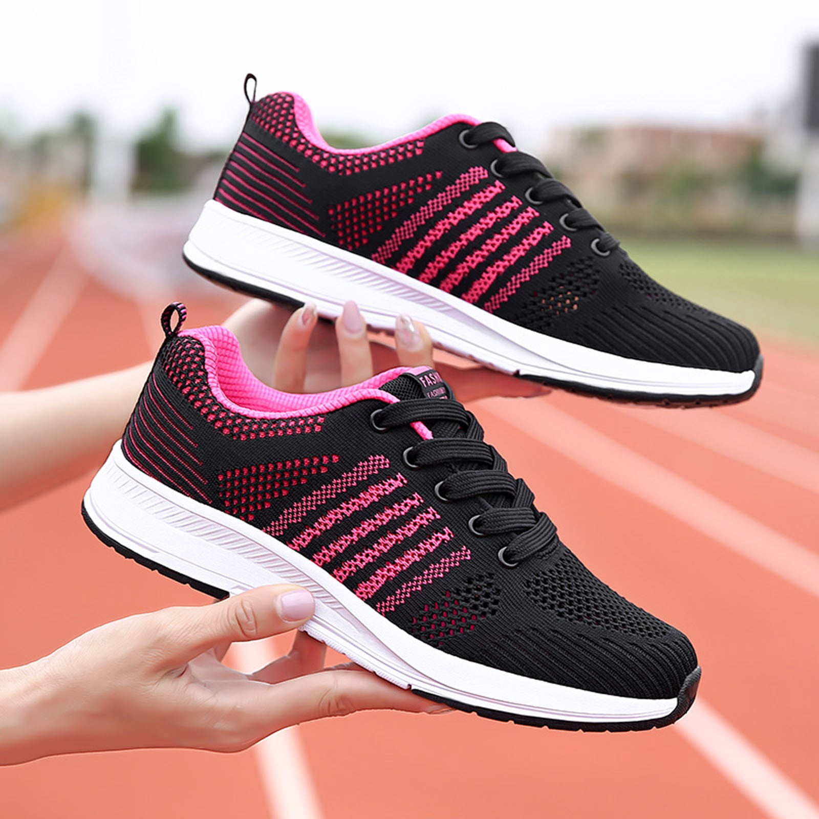 Women Lace Up Sneakers, Sporty Outdoor Pink Fabric Running Shoes