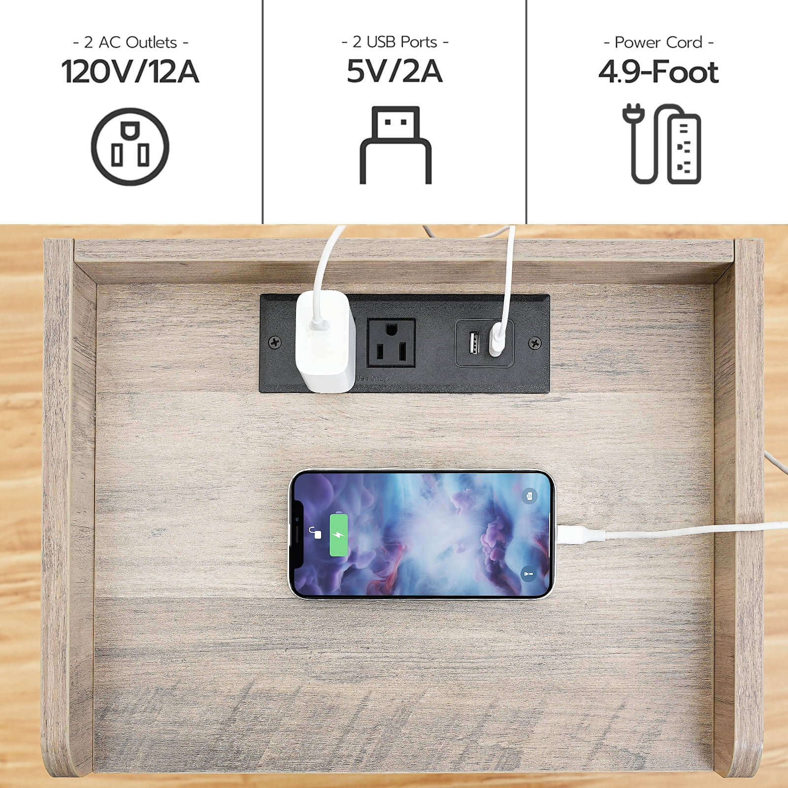HOOBRO Nightstand with Charging Station & Drawer, Greige