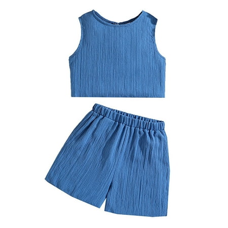 Yuncity Girls Outfit Sleeveless Crew Neck Stripe Vest With Solid Color Pants 2 Pieces Set Summer Casual Daily Wear Toddler Kids Clothes Set Size 11-12 Years Blue