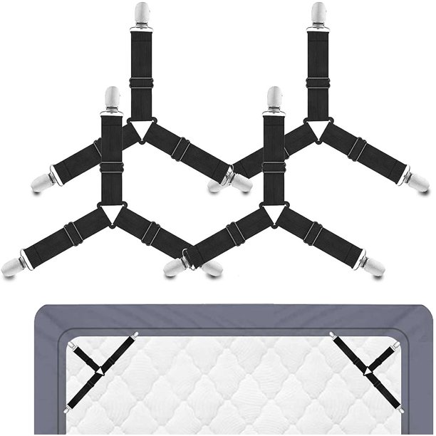 Pasillos de sujeción de la cama, correa de fijación de la hoja ajustable para las hojas, fundas de colchón, cojines de sofá, clips de la hoja-50% más durable, negro, paquete de 4 Feliz Sencillez