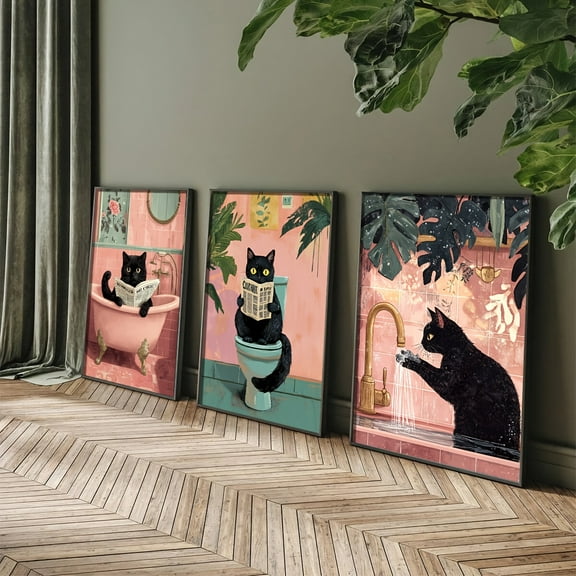 3pcs Set, Whimsical Cat Canvas Art Prints, Vintage Pink Bathroom Humor Posters, Frameless Animal Portraits, Indoor Art Deco Modern Retro Poster for Living Room, Bedroom, Dining Room Decor