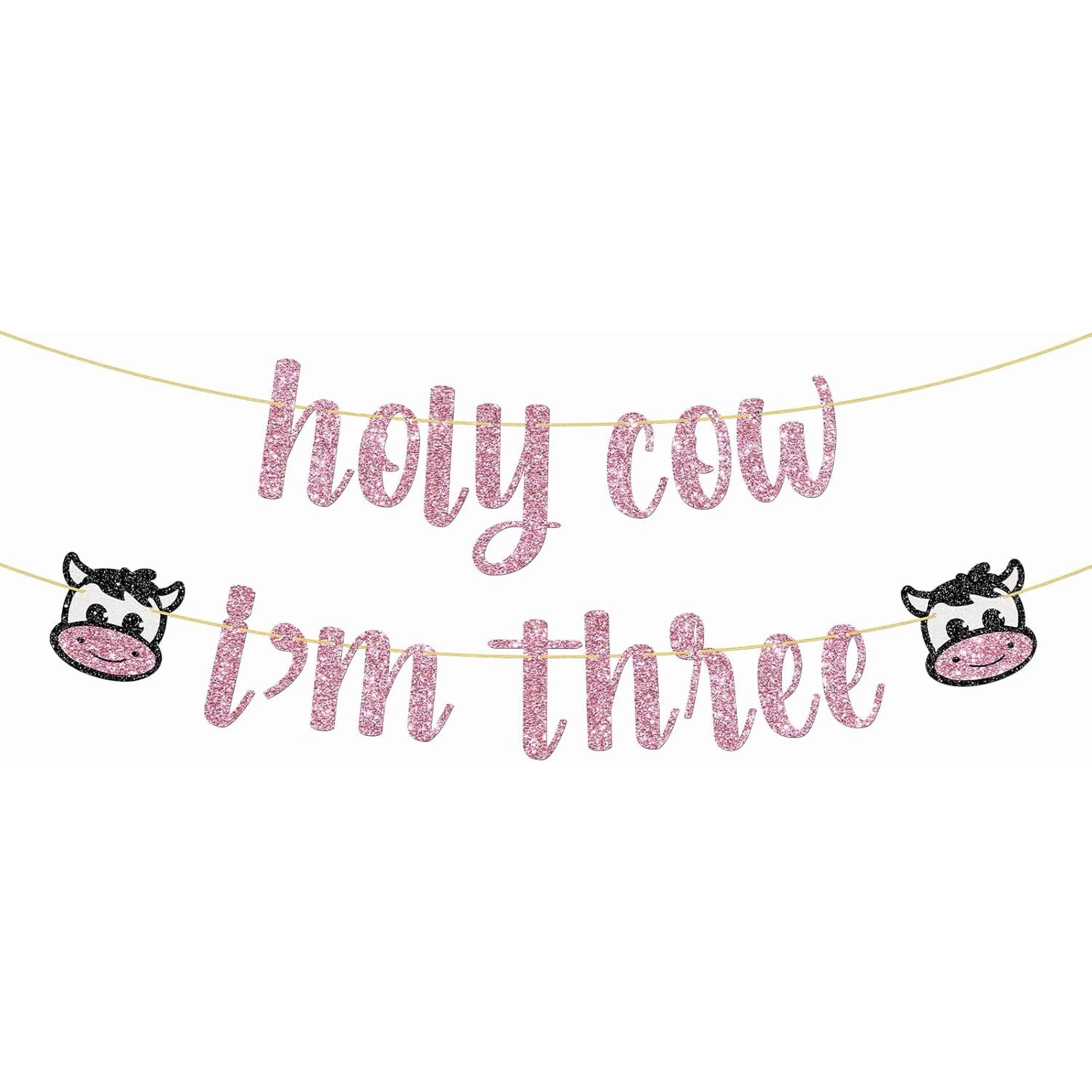 Holy Cow I'm Three Birthday Banner Farm Animal 3rd Birthday Party Decoration Supplies Pink Glitter
