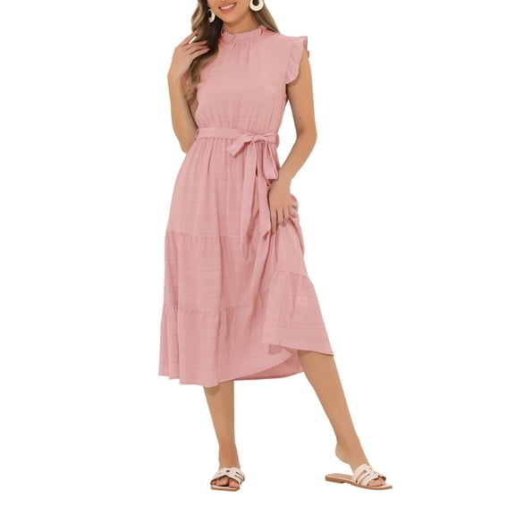 INSPIRE CHIC Women's Midi Dresses Mock Neck Ruffled Cap Sleeve Dresses XS Pink