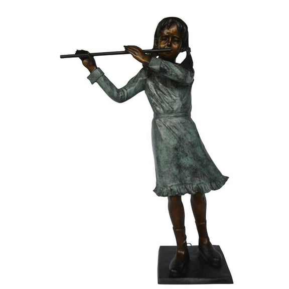 Nifao Girl playing flute large bronze statue – Outdoor Garden Decor Sculpture, 30"L x 15"W x 50"H