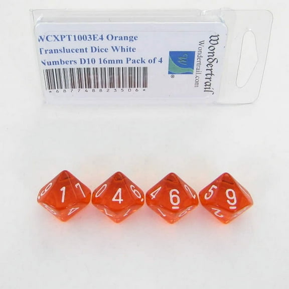 Orange Translucent Dice with White Numbers D10 Aprox 16mm (5/8in) Pack of 4 Wondertrail
