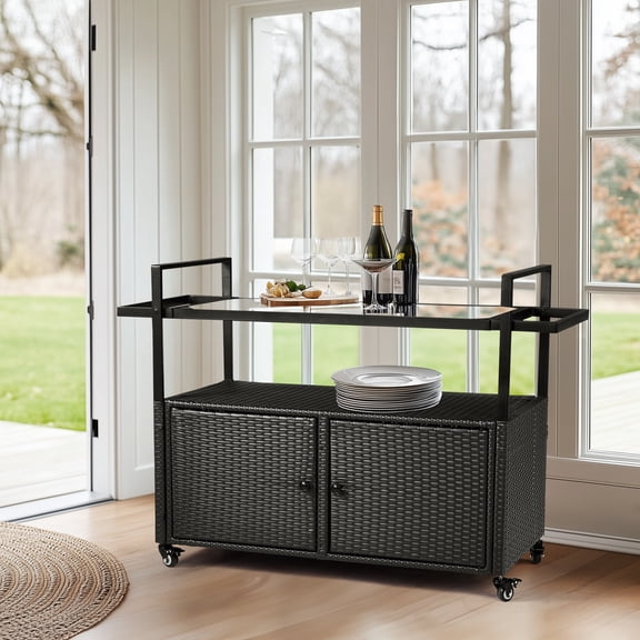 Ktaxon Outdoor Patio Wicker Bar Counter Table w/4 Wheel and Tempered Glass Top, Weather-proof Rattan Bar Table with Handrail , Storage Cabinet- Black