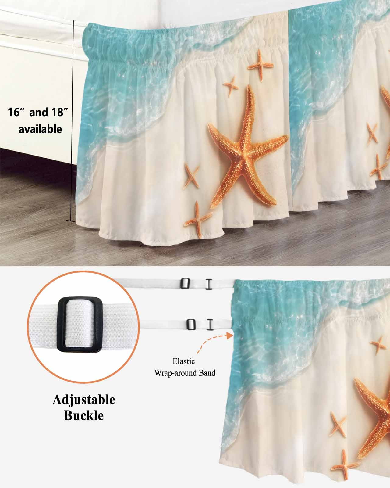 Ocean Beach Bed Skirt King Size 18" Drop Coastal Starfish Summer Nautical Ruffled Wrap Around Bed Skirts Adjustable Elastic Bedskirt Dust Ruffle for King Size Bed