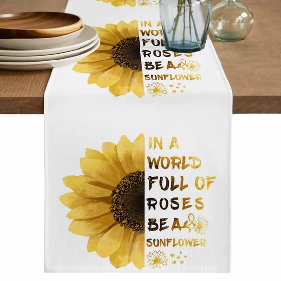 Table Runner 70 Inches Long for Kitchen Dining, Yellow Sunflower Dresser Scarf Farmhouse, Dining Table Decorations for Wedding/Parties, Floral Rustic White Quotes 13 x 70 In