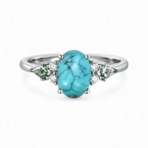 STERLING MINIMALIST 1.5ct Oval Turquoise Engagement Ring, Natural Moss Agate Bridal Ring, Diamond Promise Ring For Her, Christmas Gifts, December Birthstone