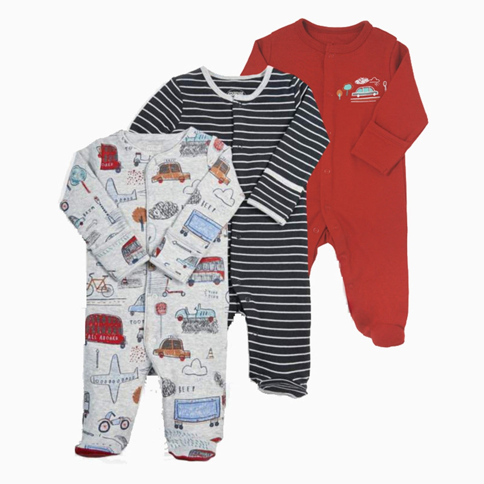 Bodysuits For Baby Boy Baby Pajamas Cotton Button Cartoon Print Baby Sleepers for Newborn Boys Girls Clothes 3Pack Soft Footed Jumpsuit Spring Fall Outfits,Red,0-3 Months