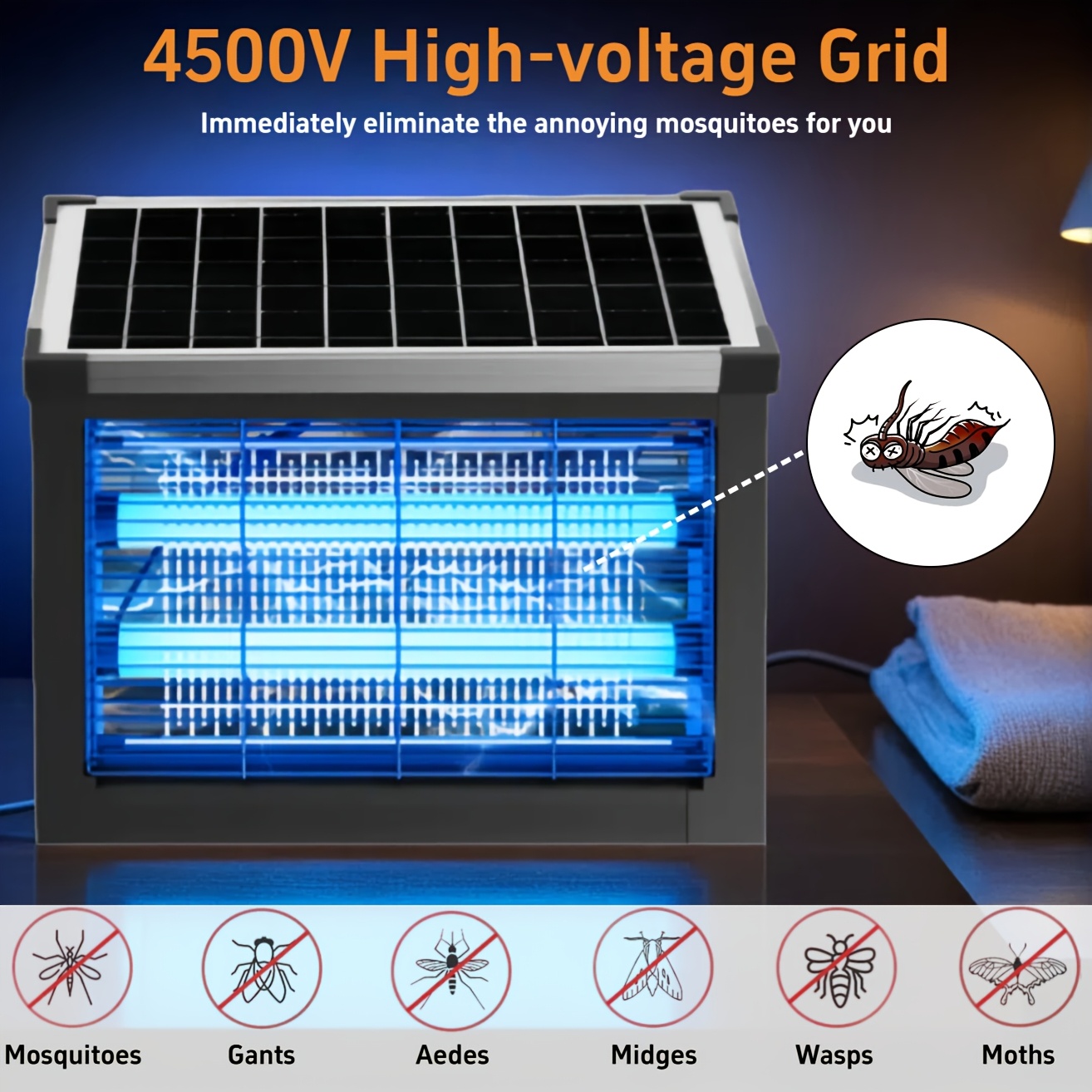 4500V Solar Mosquito Zapper - 4000mAh Battery, IP56 Waterproof, Metal Shell - 3 Placement Options & 2 Modes for Garden/Patio - Fast Shipping