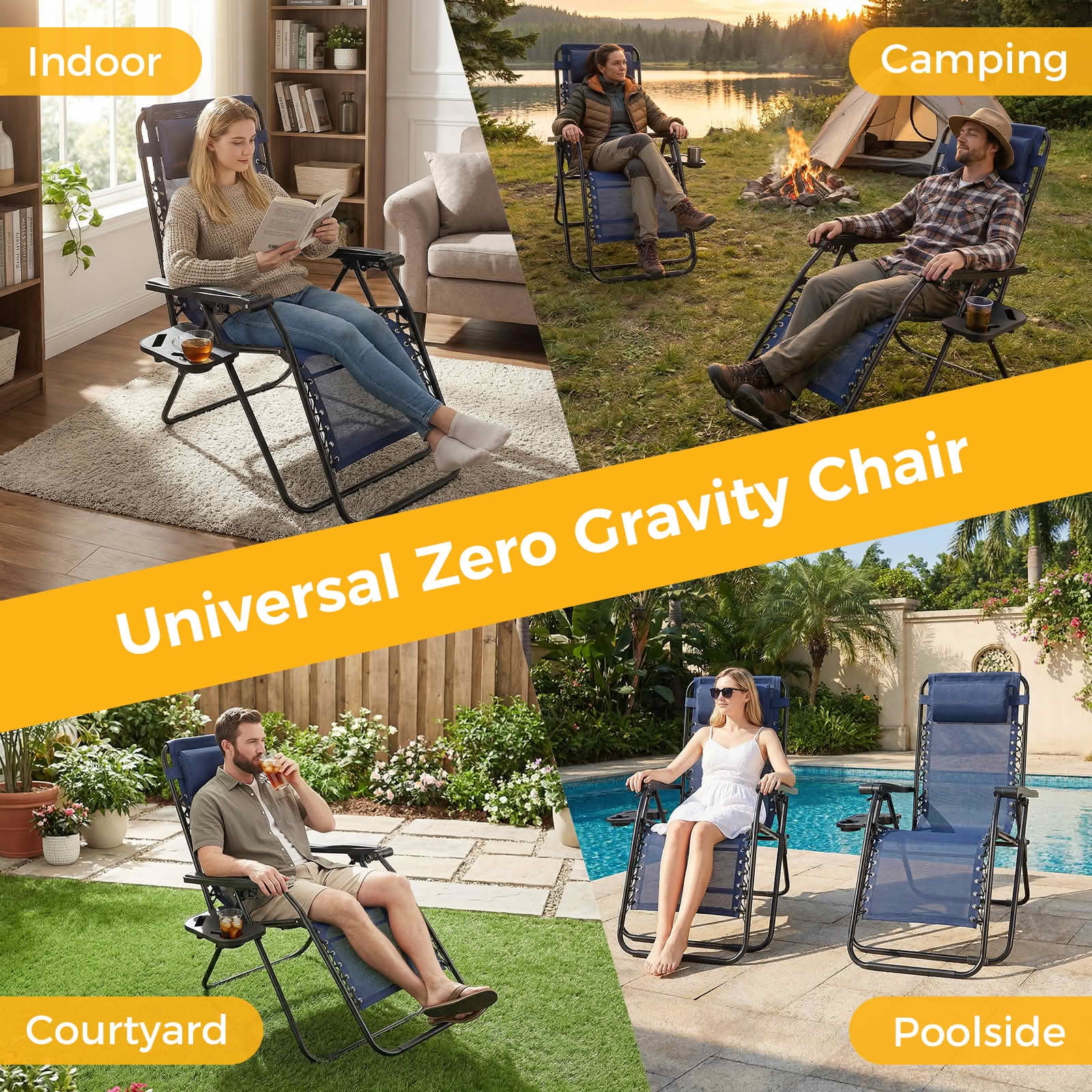 MAYEERTY Set of 2 Zero Gravity Patio Lounge Chairs, Adjustable Alloy Steel Foldable Outdoor Recliners with Pillow Cup Holder Side Tray for Beach Pool Lawn, Holds 300 LBS