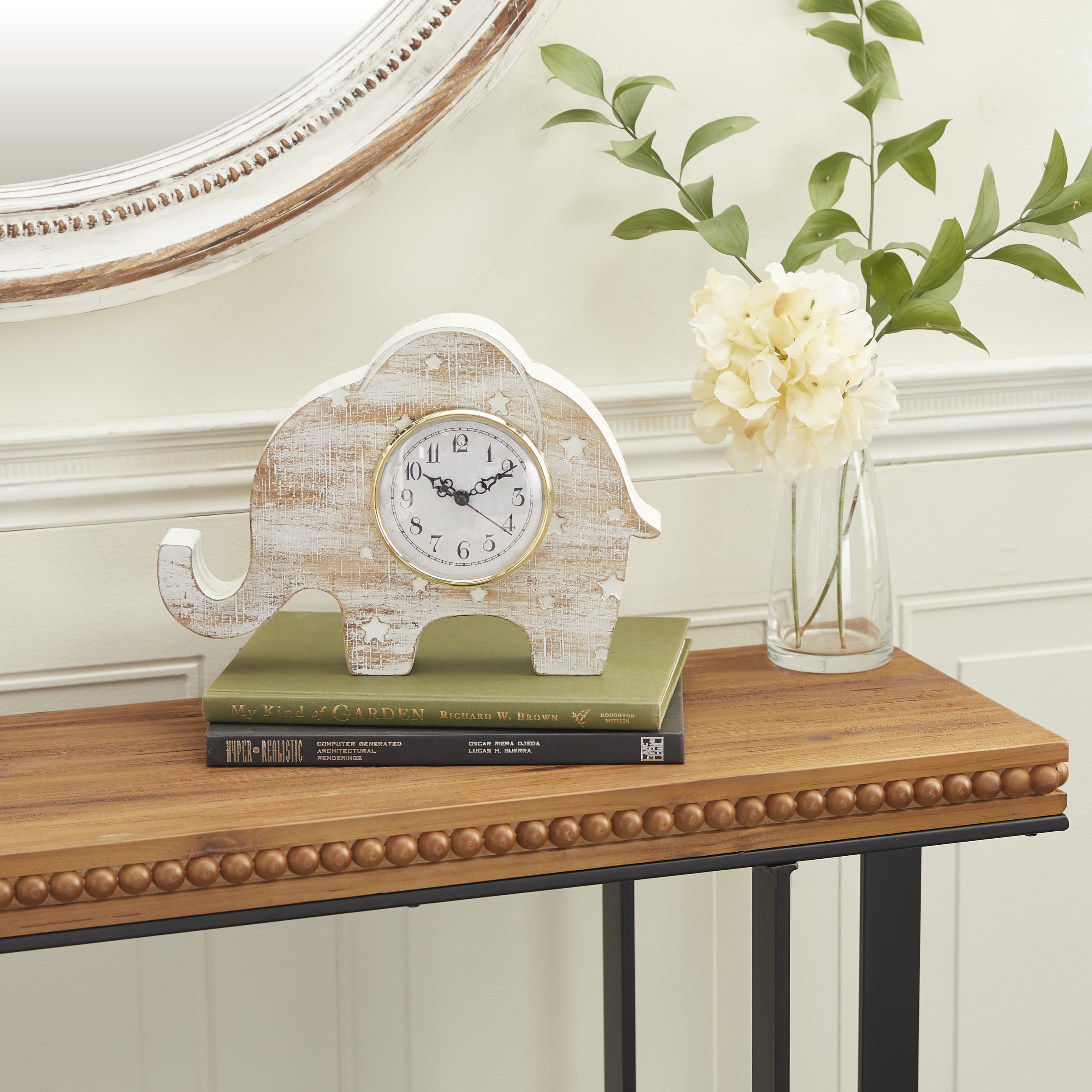 DecMode 9" White Wood Elephant Clock