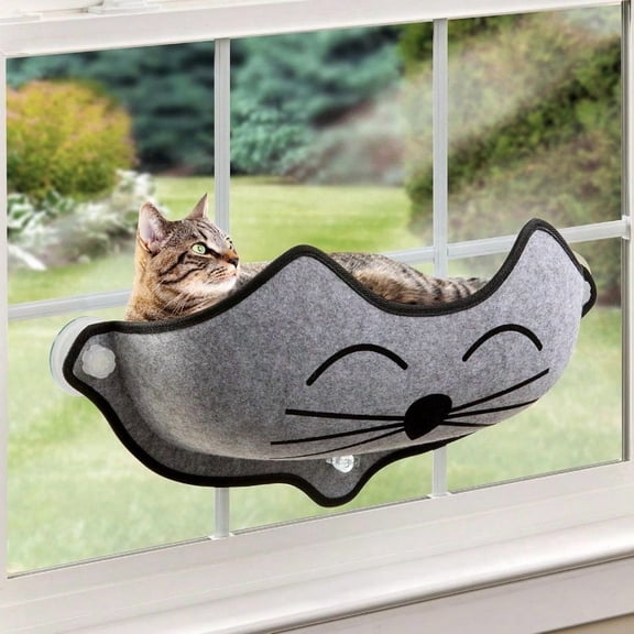 EZ Mount Kitty Face Cat Window Perch Bed Sturdy Cat Window Hammock with Strong Suction Cups Washable Sleeping Pad Fits 30 W X 15 H Glass Spaces Gray Kitty Face Design
