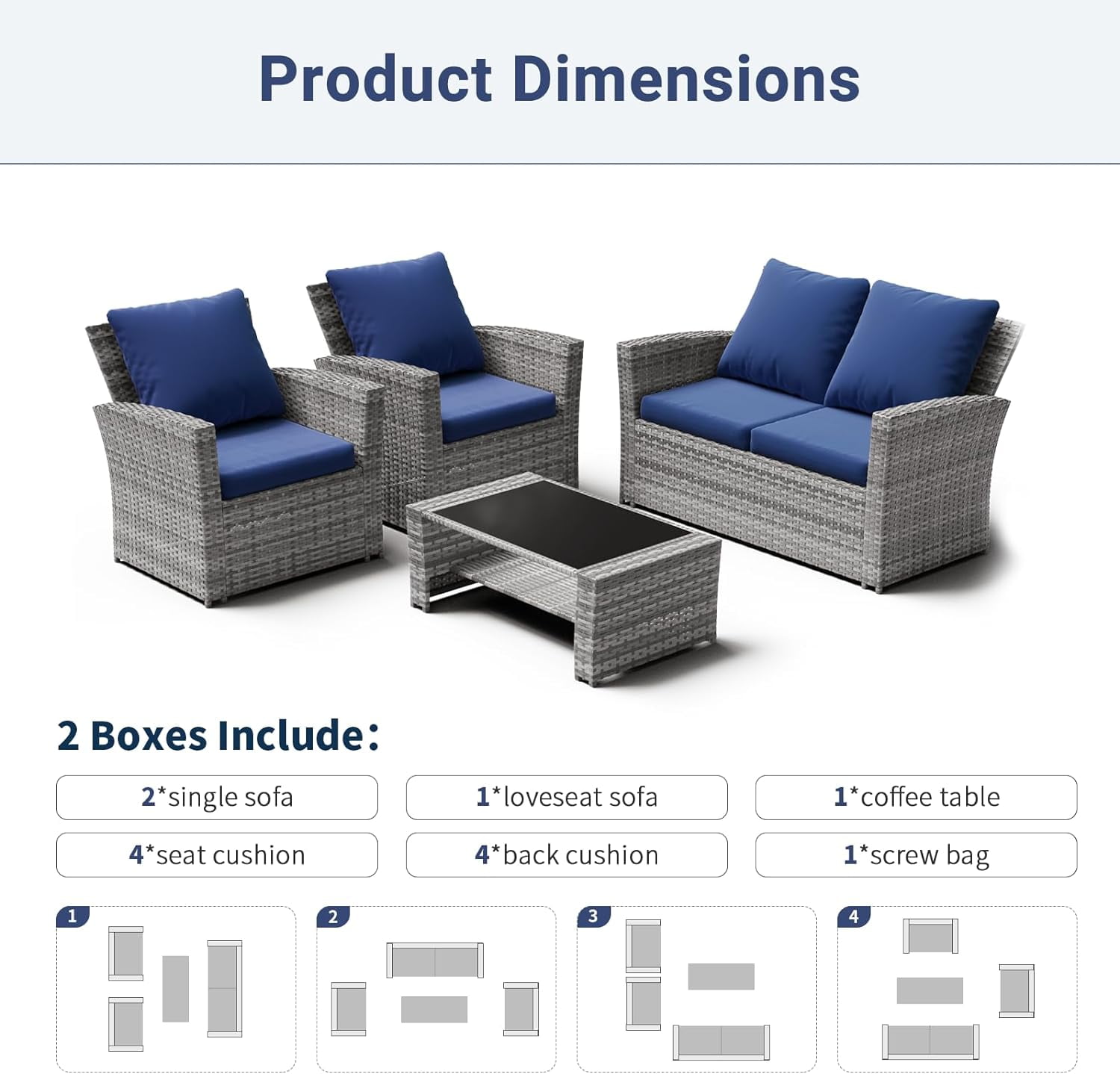 ELPOSUN Wicker Patio Furniture Set Outdoor Sectional Sofa 4-Piece with Gray PE Rattan, Navy Blue