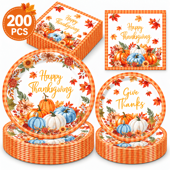 200 Pcs Thanksgiving Paper Plates and Napkins Set for 50, Fall Pumpkin Disposable Dinnerware with 9" Dinner Plates, 7" Dessert Plates & Napkins, Autumn Party Supplies